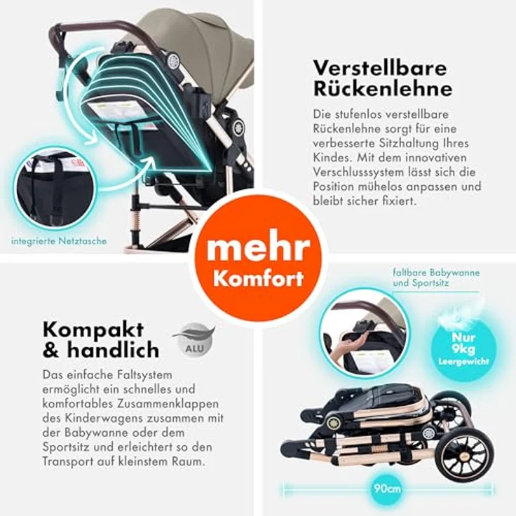 Daliya® NEOMOVE 2in1 Kombikinderwagen, Babywanne & Sportsitz in Gold und Beige, leichter Aluminium-Rahmen, faltbar, für Stadt und Gelände, mit großem Einkaufskorb – Bild 4