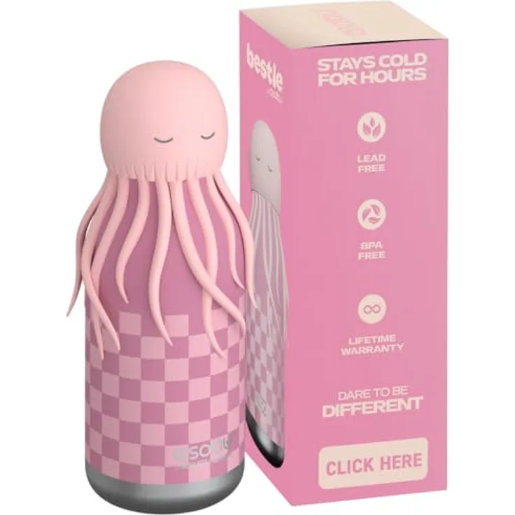 ASOBU Bestie Kindertrinkflasche mit Quallenkopf, isolierte Edelstahlflasche 420ml, auslaufsicher & BPA-frei mit Strohhalm