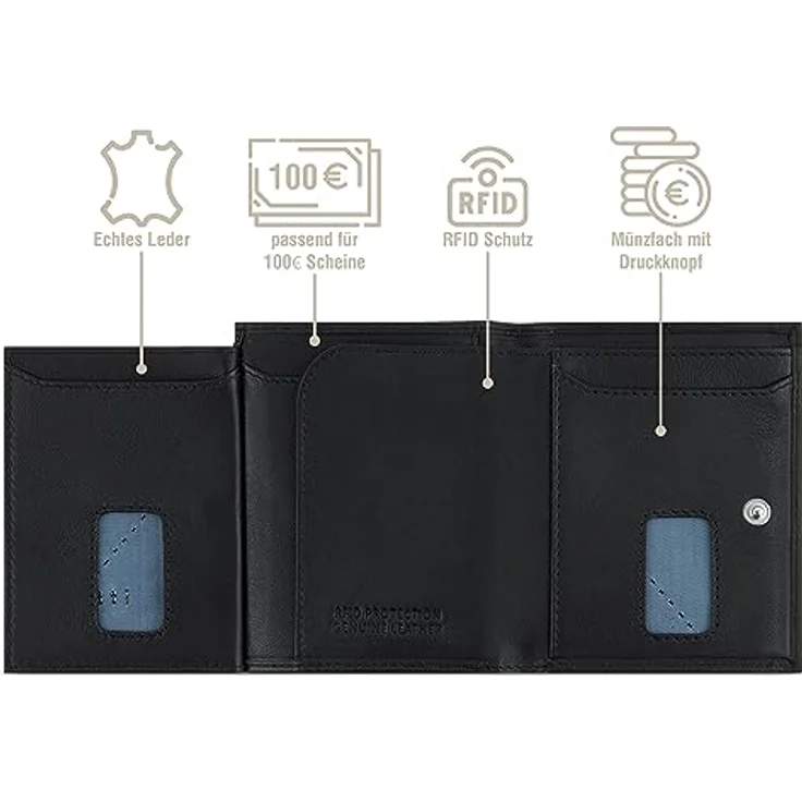 bugatti Secure Slim Mini Börse Spezial mit XL-Münzfach und RFID-Schutz aus Leder, schwarz Nappa – Bild 3
