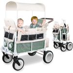 WONDERFOLD Volkswagen Kinderwagen Wagon (2 Sitzer) - zusammenklappbarer Kinderwagen mit klassischer VW-Stoßstange, Retro-VW-Rädern in XL und veganem Lederlenker
