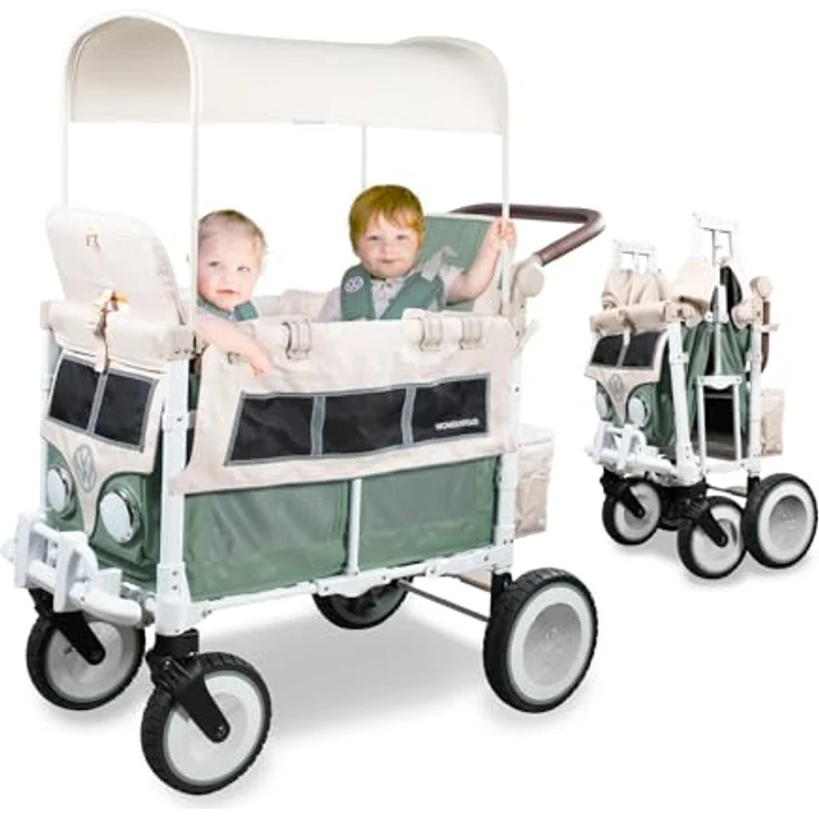 WONDERFOLD Volkswagen Kinderwagen Wagon (2 Sitzer) - zusammenklappbarer Kinderwagen mit klassischer VW-Stoßstange, Retro-VW-Rädern in XL und veganem Lederlenker – Bild 1