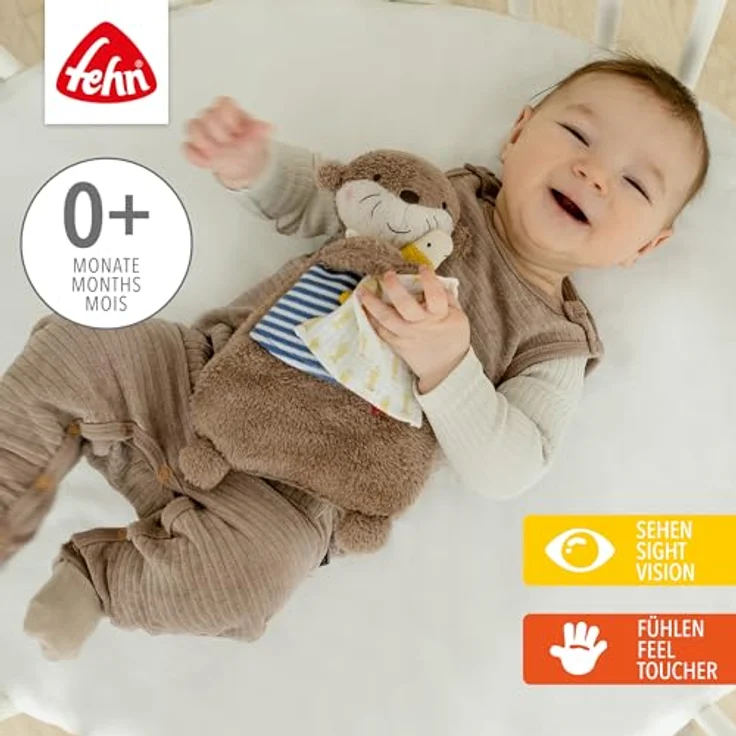 Fehn Wärmetier Otter - Körnerkissen mit entnehmbarem Wärme- / Kältesäckchen, geeignet für Babys und Kleinkinder, Plüsch/Strick, 26 cm, waschbar bei 30°C, Otter-Hülle in gestreiftem Strick/Musselin – Bild 2