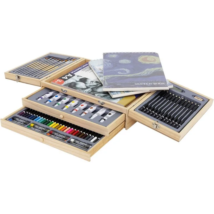 ECD Germany Kreativset Malkoffer, 85-tlg. Kunst- und Zeichenset mit 3 Skizzierblöcken, Acrylfarben und Zubehör, Holz, braun