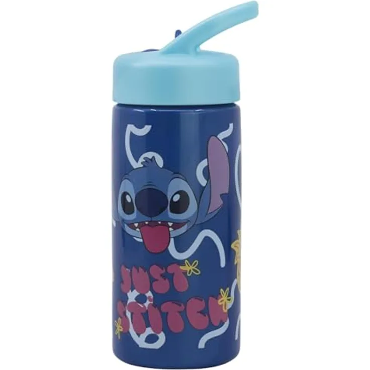 Stor Stitch Palms Sport-Trinkflasche mit Strohhalm und integriertem Griff, 410 ml, Blau/Lila, BPA-frei, auslaufsicher