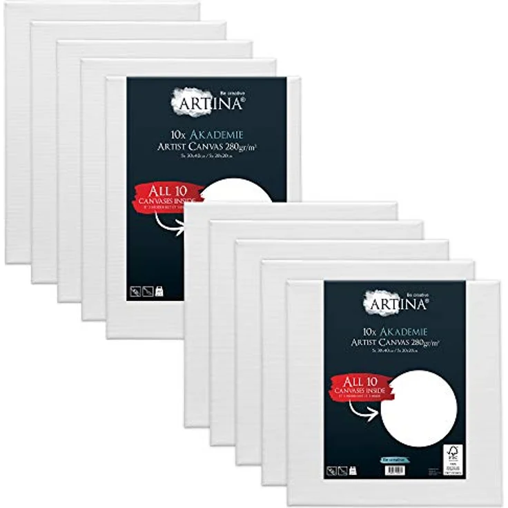 Artina FSC® Keilrahmen 10er Set Akademie 5x 30x40 cm & 5x 20x20 cm – Leinwand Set Maltuch aus 100% Baumwolle Leinwände 280 g/m² - Keilrahmenset Leinwand zum Bemalen für Acryl-, Aquarell-, Ölfarbe uvm – Bild 2