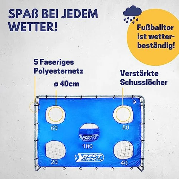 BEST SPORTING Fußballtor Kinder 240cm x 170cm x 85cm, wetterfestes und stabiles Kindertor mit blauer Torwand und 5 Schusslöchern, inkl. Netz und Heringen, Grau – Bild 3