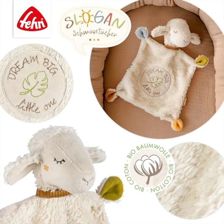 Fehn Schmusetuch Schaf Dream Big – Kuschelspielzeug mit individueller Bestickung, 2 in 1 Schnuffeltuch für Babys & Kleinkinder, kbA Baumwolle, grau – Bild 3