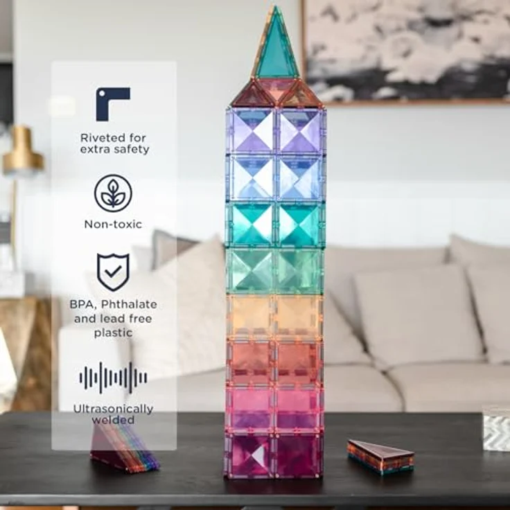 Connetix Fliesen 202-teiliges Pastell Mega Pack, pädagogisches magnetisches Bauset mit großen Sechsecken und Quadraten, Tür- und Fensterstücke, Zäune und 2 Autos mit Gummirädern – Bild 3