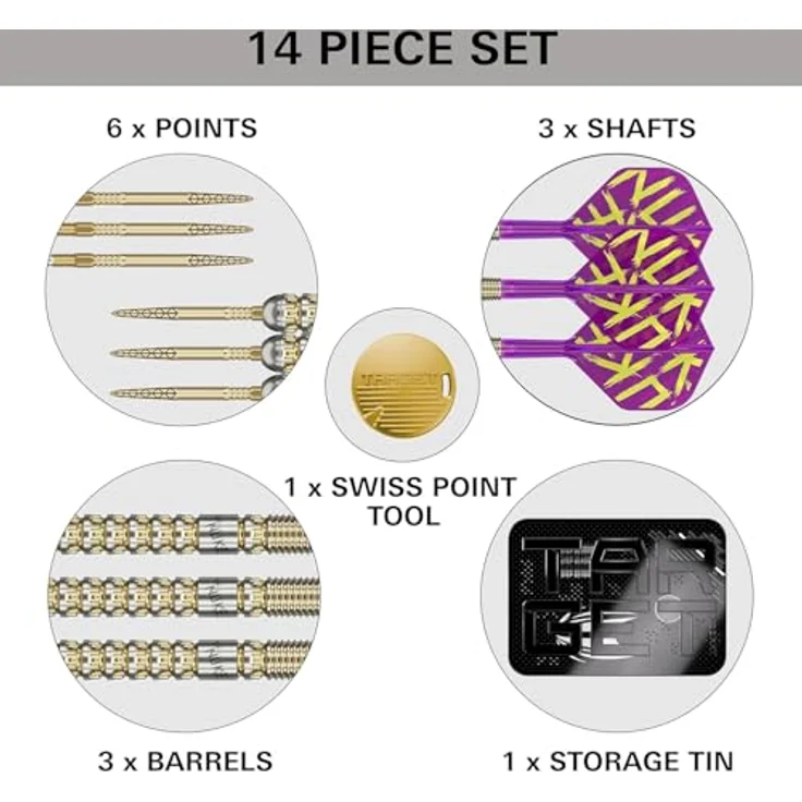 Target Darts Luke Littler Gen 1 Prodigy Steeldarts, 90% Tungsten, 22G, Gold, mit K-Flex Flights und Shafts, Swiss DX Points, Premium Aufbewahrungsbox – Bild 5