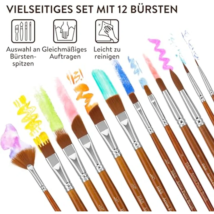 H&S Pinselset 12er, Acrylfarben, Aquarell- und Ölfarben, flache und runde Pinsel aus synthetischem Haar, Künstler Zubehör mit Hartholzgriffen – Bild 4