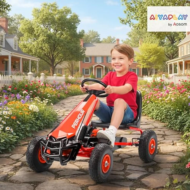 AIYAPLAY Go-Kart Tretauto mit Handbremse, verstellbarem Sitz und Pedalantrieb für Kinder 3-8 Jahre, Rot – Bild 2