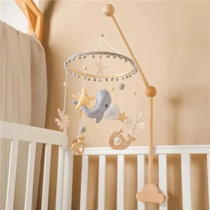 Herfair 3D Delphine Mobile Baby Holz mit Filzbällen, handgefertigtes Windspiel für Babybett, grau – Bild 3