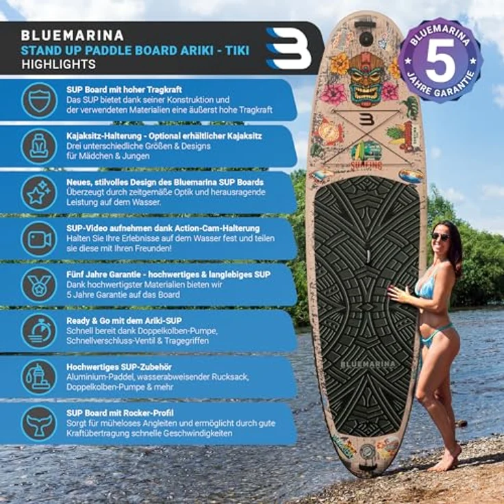 Bluemarina Stand Up Paddle Board aufblasbar | 𝟓 𝐉𝐀𝐇𝐑𝐄 𝐆𝐀𝐑𝐀𝐍𝐓𝐈𝐄 - 140 kg Tragkraft - 325x86x15 cm - Stand Up Paddling Set - Aufblasbares SUP Board - Surfbrett (Ariki Tiki 325x86x15cm) – Bild 2