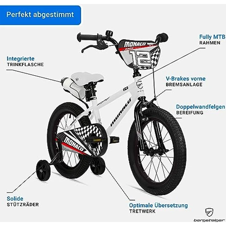 Bergsteiger Monaco 12 Zoll Kinderfahrrad, BMX, Stützräder, Rücktrittbremse, Trinkflasche, Kettenschutz, in tollen Farben – Bild 5