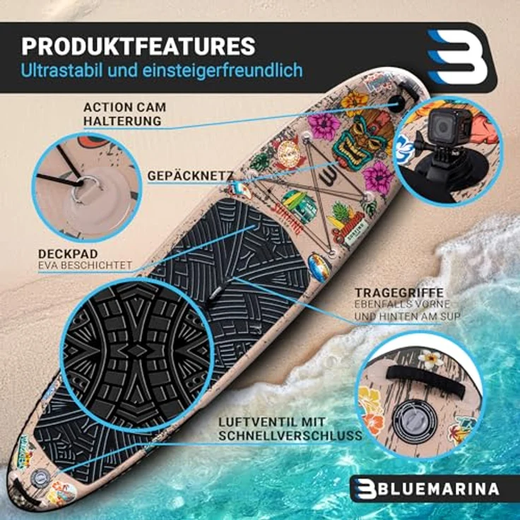 Bluemarina Stand Up Paddle Board aufblasbar | 𝟓 𝐉𝐀𝐇𝐑𝐄 𝐆𝐀𝐑𝐀𝐍𝐓𝐈𝐄 - 140 kg Tragkraft - 325x86x15 cm - Stand Up Paddling Set - Aufblasbares SUP Board - Surfbrett (Ariki Tiki 325x86x15cm) – Bild 4