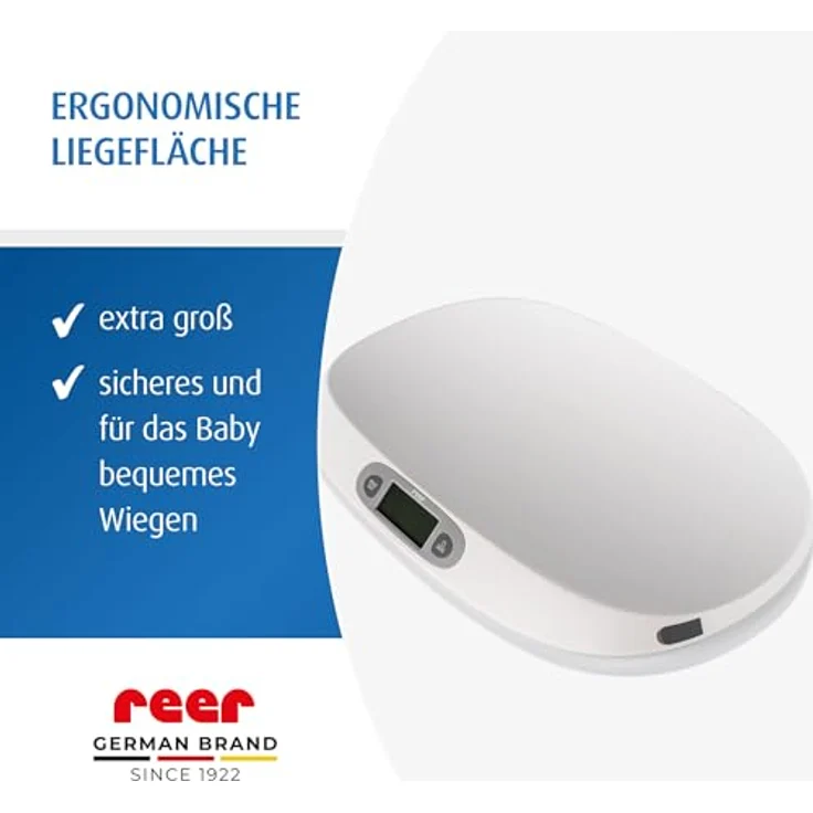 reer BabyCare Babywaage, Ergonomische Wiegeschale für Neugeborene/Babys, 25kg Maximalgewicht, Integriertes Maßband, HOLD- und Tarierfunktion, Beleuchtetes LCD-Display, Präzision von 5g – Bild 4