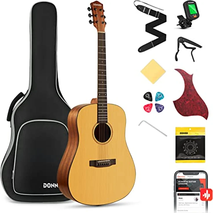 Donner Akustik Gitarre 4/4 Anfänger Erwachsene Akustikgitarre Einsteiger Kit 41 Zoll voller Größe Gitarren Starter Mahagoni Fichte mit 6 Saiten Tasche Capo Plektren Gurt – Bild 1