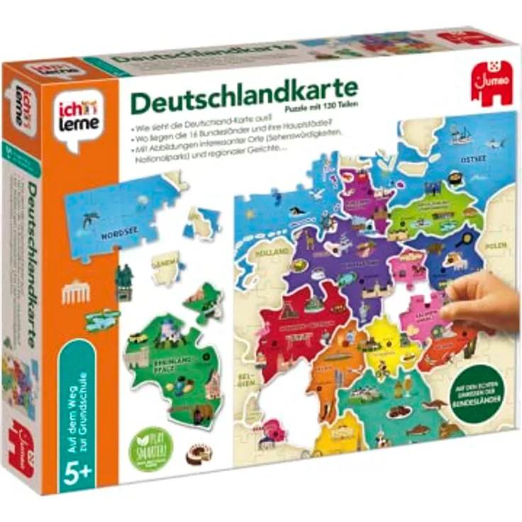 Jumbo Spiele 19927 Ich lerne Deutschlandkarte, Puzzle mit 130 Teilen und Begleitheft, 50x35,5cm Größe, recycelter Karton