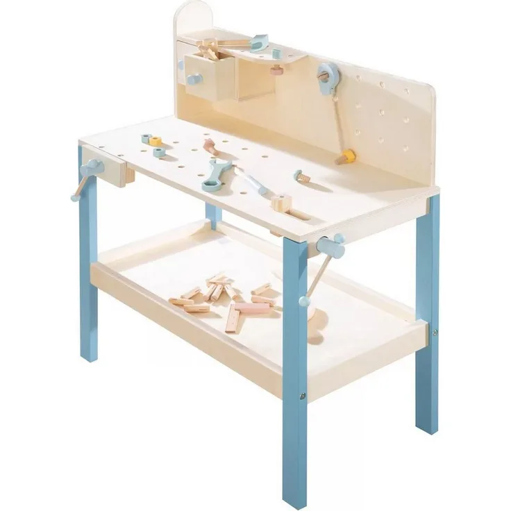 kindsgard Steckspielzeug Tinka, Kinderwerkbank mit drehbarem Schraubstock und Zubehör, blau