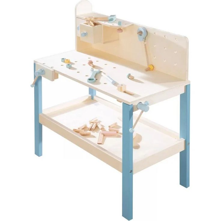 kindsgard Steckspielzeug Tinka, Kinderwerkbank mit drehbarem Schraubstock und Zubehör, blau