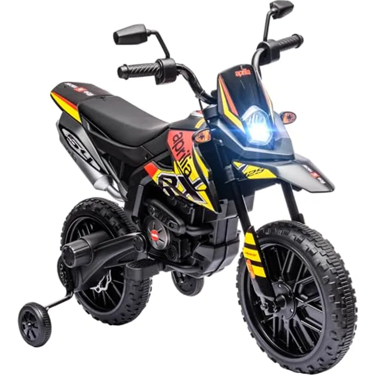 AIYAPLAY Kinder Elektro-Motorrad, 12V Aprilia Kindermotorrad mit Musik, 6 km/h, abnehmbare Trainingsräder, 12 Zoll Kunststoffreifen, Gelb