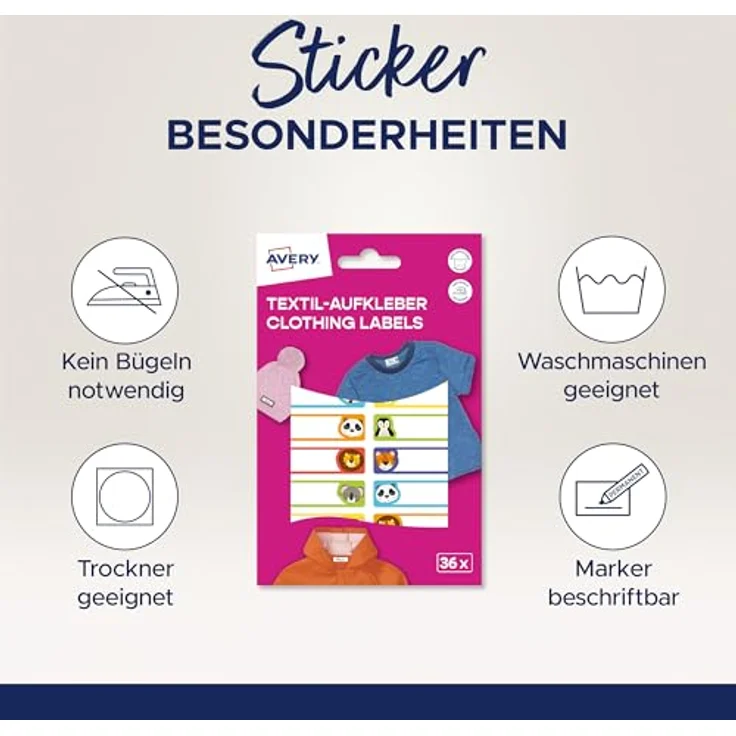 AVERY Zweckform ETVET36A Namensaufkleber Tiere, wasserfest, 36 Stück Textil-Etiketten (13x45mm, selbstklebend, für Waschmaschine & Trockner, bunt) – Bild 2
