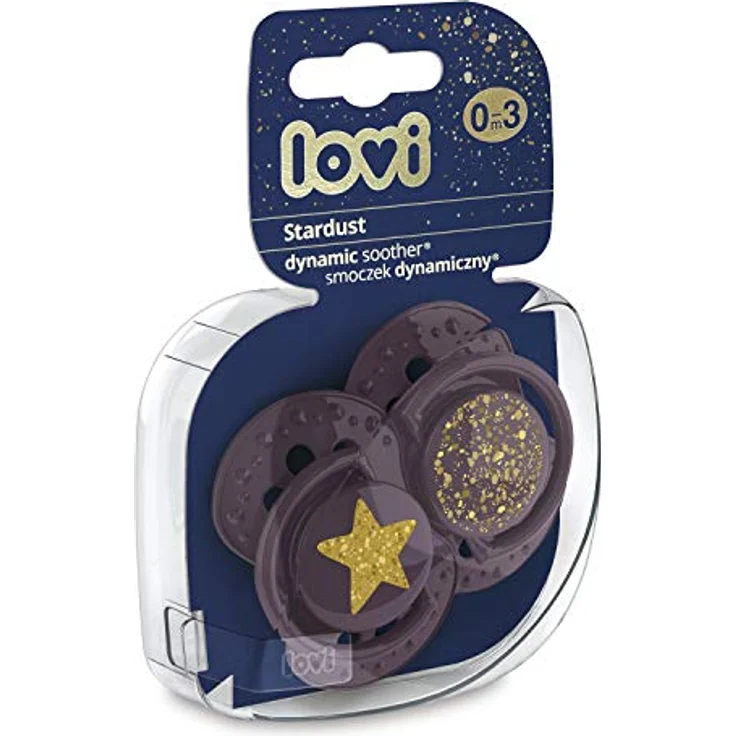 LOVI Schnuller 0-3 Monate, Silikon, BPA-frei, Hygieneschutzhülle, Stardust Kollektion, 2 Stück, Violett – Bild 2