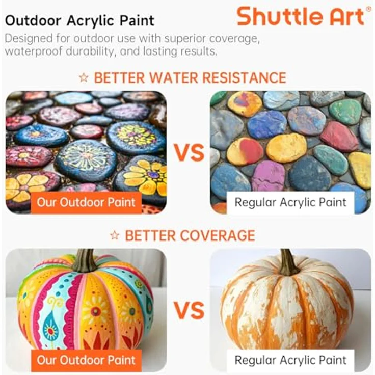 Shuttle Art Outdoor Acrylfarben Set, 36 wasserfeste Acrylfarben (je 60ml) mit nachtleuchtenden und Metallic-Effekten für Steine, Leinwand, Holz und Kürbis – Bild 5