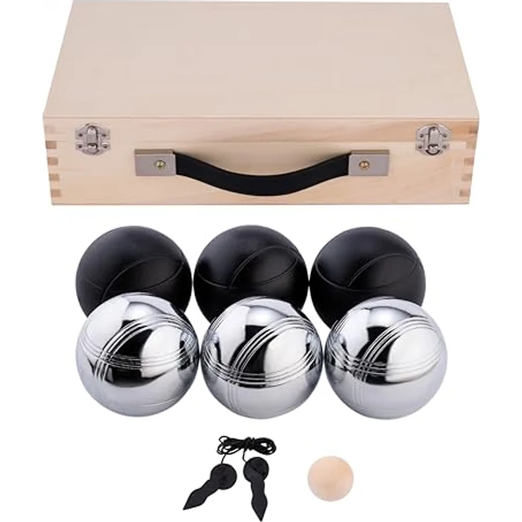 6 Boule Bälle pulverbeschichtet (3 Stück schwarz/3 Stück silber) in Holzkiste - Preisvergleich – Bild 2