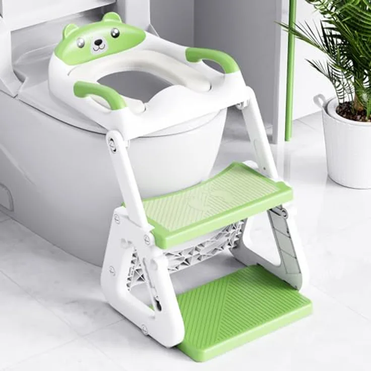 Orzbow Toilettensitz Kinder mit Treppe, Stabil mit Dreiecksstruktur, Verlängerter Pedal- und Spritzschutz, Wasserdichtem PVC-Polster, Rutschfest und Faltbar, Grün