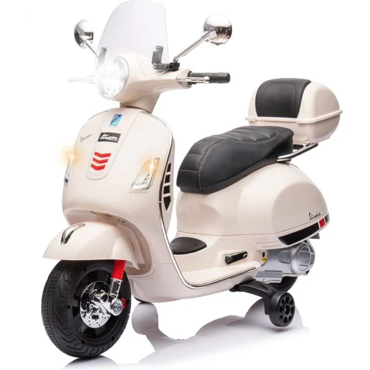 Milly Mally Vespa GTS Super White, Batteriebetriebenes Kinderelektrofahrzeug mit Musikpanel, LED-Leuchten und Kunstledersitz