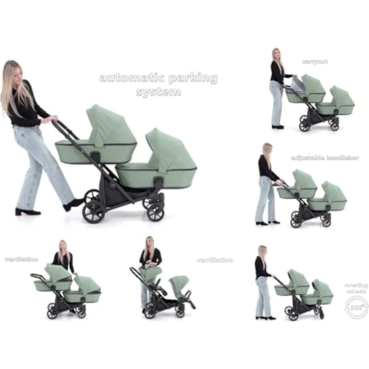 Kunert BRAV DUO 2in1 Doppelkinderwagen, hellblau mit Gelrädern und schwarzem Rahmen – Bild 6
