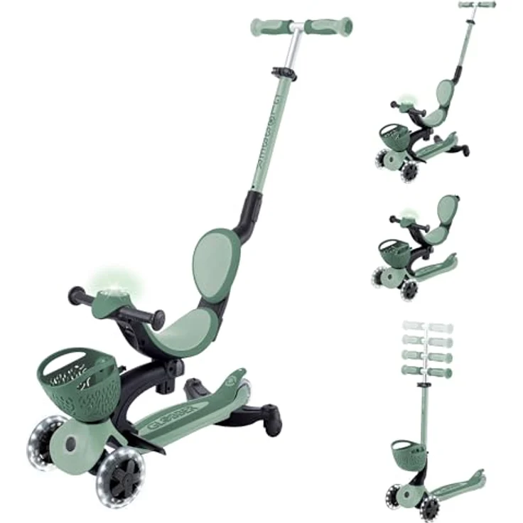Globber GO-UP Baby Lights 360°, höhenverstellbares Kinderfahrzeug, Tretroller, Dreirad und Laufrad, 3rädrig bis 9 Jahre, bunte LED-Leuchtrollen, salbeigrün – Bild 1