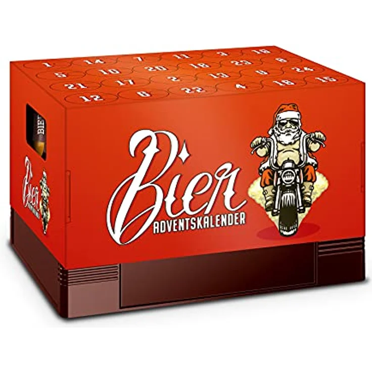 itenga Adventskalender Aufsatz für Bierkasten Männer Adventskalender zum Selber Befüllen Bieradventskalender rot mit Nikolaus auf dem Motorrad – Bild 1