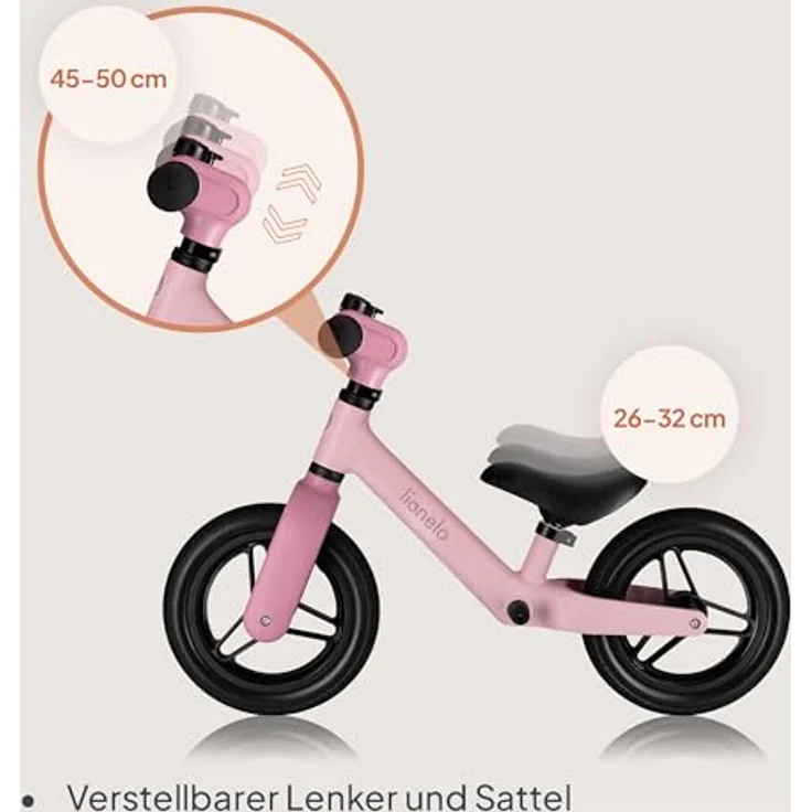 Lionelo Toni Kinder-Laufrad, 18 Monate - 30 kg, verstellbarer Sitz und Lenker, PU-Gummi-Räder 25 cm, rutschfester Griff, leicht 2,3 kg, Fußstütze, Klingel, Korb – Bild 5