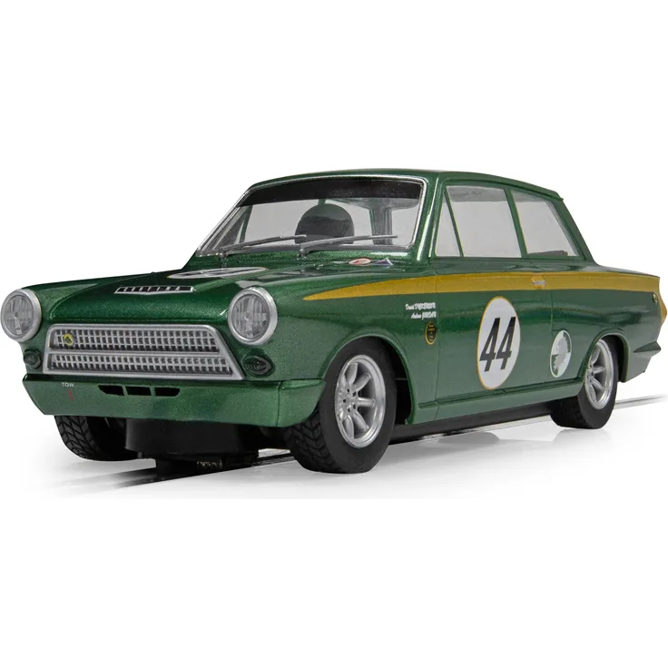 Scalextric Ford Lotus Cortina GW2023, 1:32 Modell mit grün-goldener Lackierung und Startnummer 44