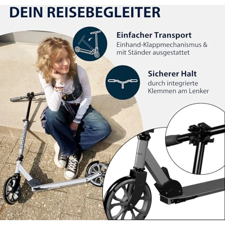 HUDORA UP 200, Scooter mit extra breitem Lenker und höhenverstellbarem Lenker, mattschwarz – Bild 4