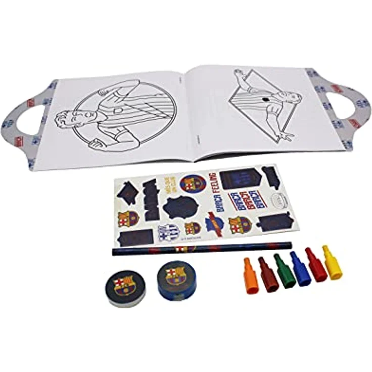 FC Barcelona Kreativset, Schreibset mit Malbuch, 6 Buntstiften, Bleistift, Radiergummi und Aufklebern in praktischer Aktentasche – Bild 3
