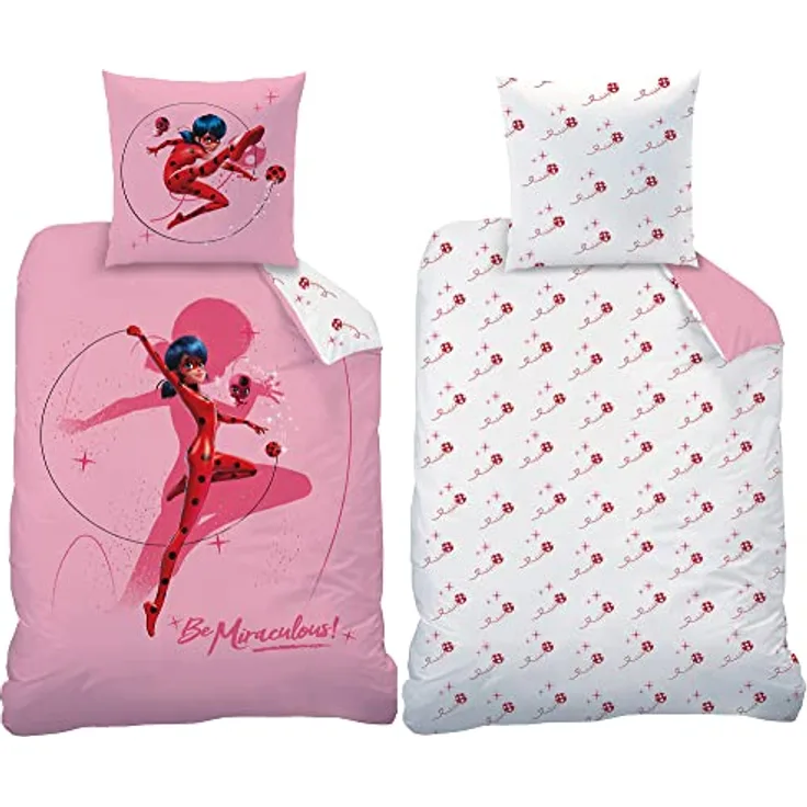 BERONAGE Miraculous Ladybug Kinder-Bettwäsche Shadow Rosa 135 x 200 + 80 x 80 cm 100% Baumwolle Biber-Flanell-Qualität mit Reißverschluss, deutsche Größe