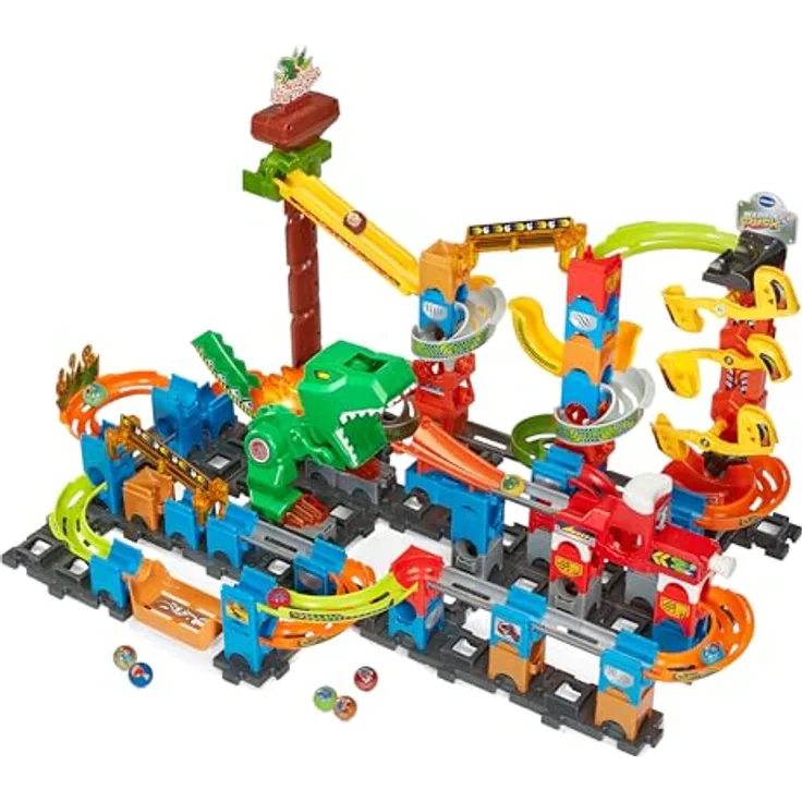 VTech Marble Rush - Dino Adventures Magnetic Set XL400 E - Interaktive Murmelbahn mit Dino-Figur und coolen Lichteffekten, 109 Bauteilen und 3 Schwierigkeitsstufen, für Kinder von 4-12 Jahren