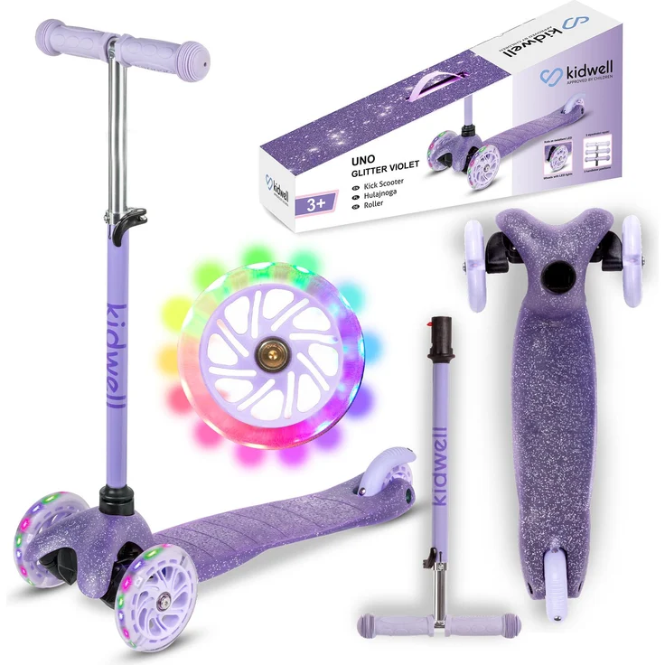 COIL UNO Dreiradscooter, Kinderroller mit ABEC-7-Lager, 3-stufiger Lenkradverstellung und LED-Rädern, Purple