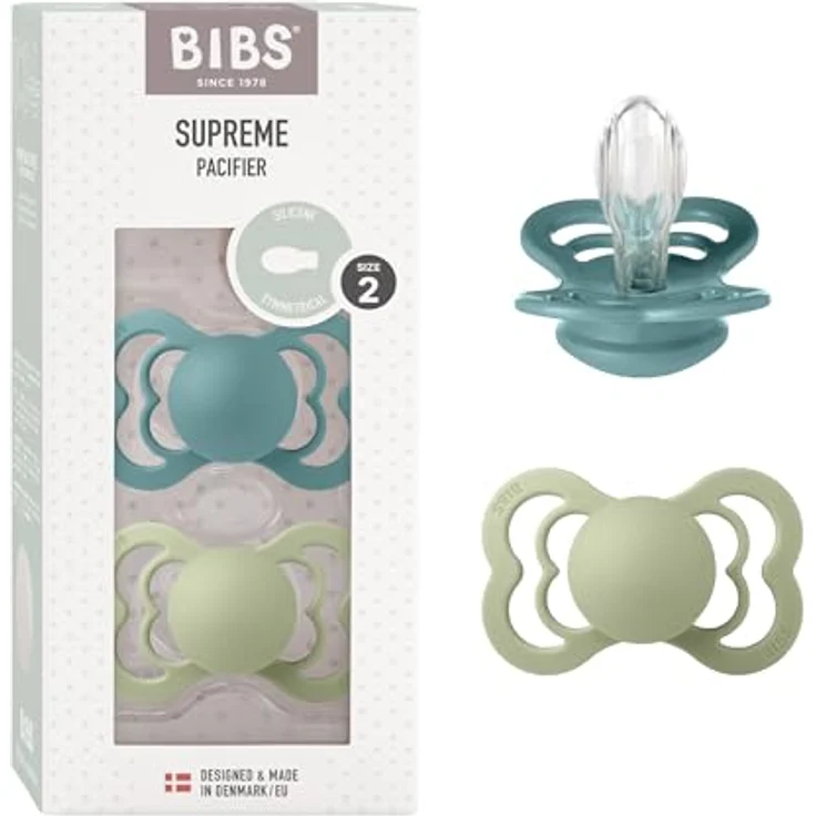 BIBS Supreme Schnuller 2er-Pack, BPA-frei, symmetrischer Nippel aus Silikon, 6-18 Monate, Island Sea/Sage – Bild 1