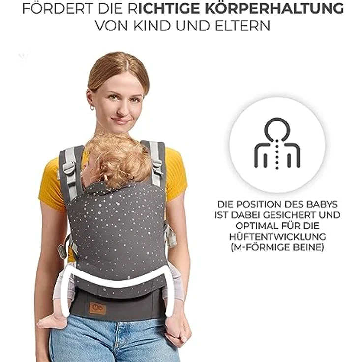 Kinderkraft Babytrage NINO CONFETTI, Rückentrage, Bauchtrage für Säuglinge und Kleinkinder, Baby Carrier, Kindertrage, Ergonomisch, aus Baumwolle, ab 3 Monate bis 20 kg, Grau – Bild 4