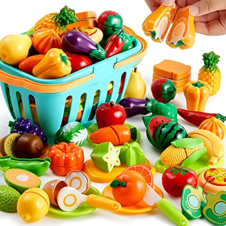 JOYIN 68-teiliges Spielzeug-Lebensmittel-Set zum Schneiden für Kleinkinder – Küchenspielzeug mit Obst und Gemüse, Aufbewahrungskorb & Schneidezubehör, BPA-frei, bunt – Bild 1