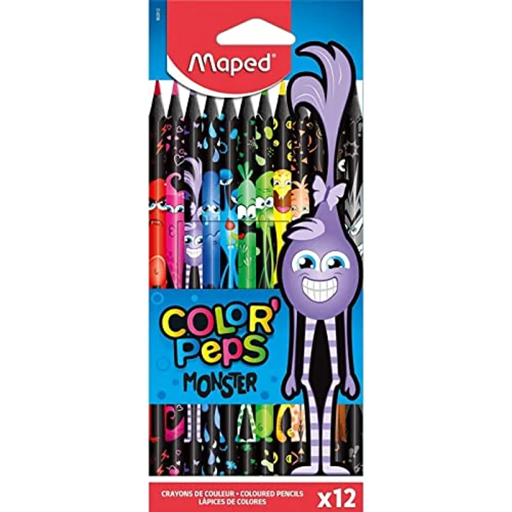 Maped 862612 - ergonomische Drei-Kant-Buntstifte, Farbstifte COLOR'PEPS BLACK MONSTER - schwarzer Schaft und bunte Monster-Bedruckung - 12x Stifte – Bild 1