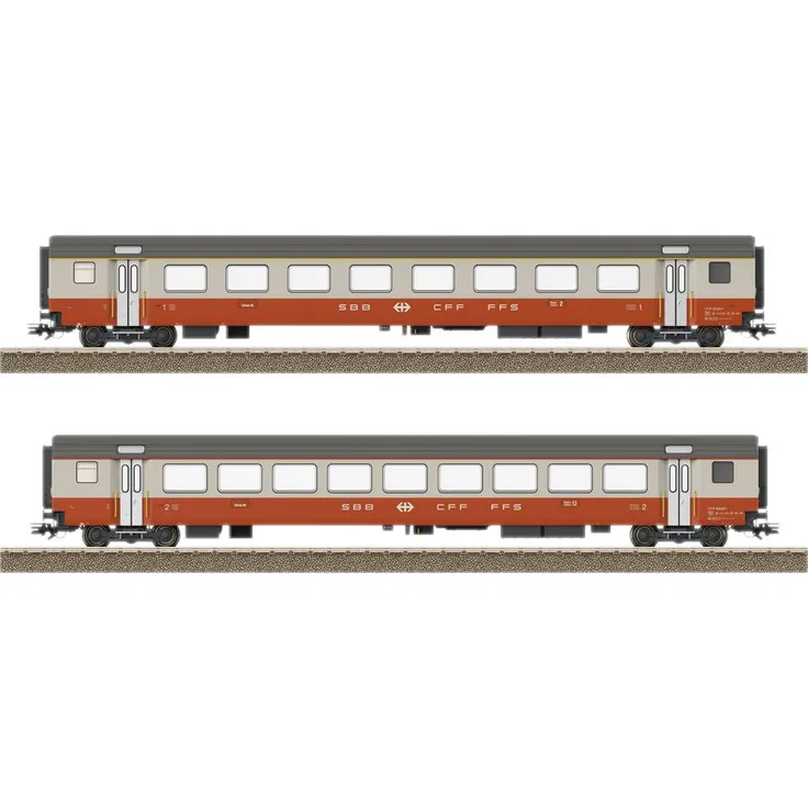 TRIX H0 23691, 2er-Set Personenwagen Swiss Express der SBB, Großraumwagen 1. Klasse und 2. Klasse in Kieselgrau/Blutorange mit LED-Innenbeleuchtung