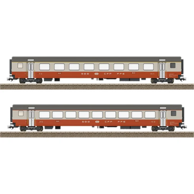 TRIX H0 23691, 2er-Set Personenwagen Swiss Express der SBB, Großraumwagen 1. Klasse und 2. Klasse in Kieselgrau/Blutorange mit LED-Innenbeleuchtung