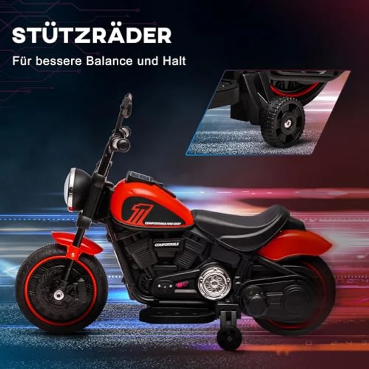 HOMCOM Elektro-Kindermotorrad 18-36 Monate, mit Stützrädern und Scheinwerfer, Belastbarkeit 25 kg, 3 km/h, Rot – Bild 5