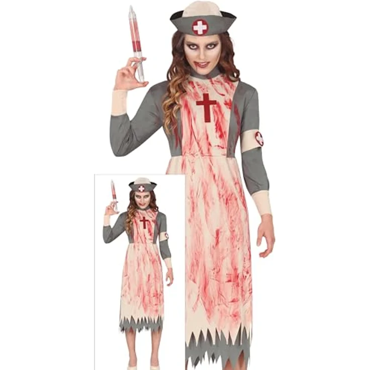 FIESTAS GUIRCA Tote Krankenschwester Kostüm, Kleid und Haarschmuck für Erwachsene, Größe 44-46 (XL), in Grau und Beige für Halloween und Gruselfeiern – Bild 1