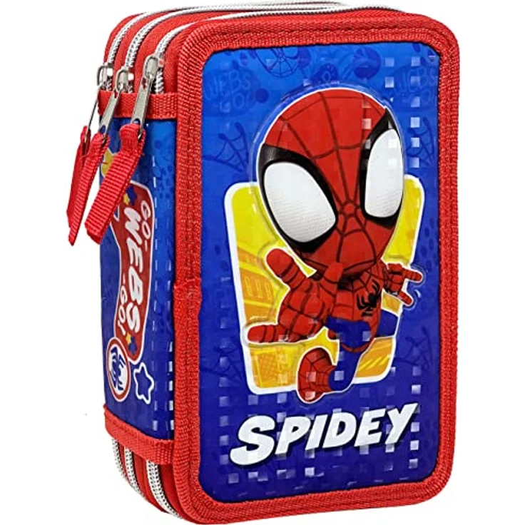 Clondo Spiderman Federmäppchen, 3 Fächer, 44-teiliges Set mit Buntstiften, Kugelschreibern, Radiergummi & mehr, mehrfarbig, für Kinder in Grundschule – Bild 1